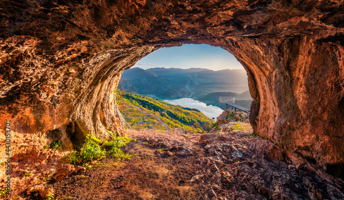 Fantastic view from the cave of Bovilla Lake, near Tirana city located. Superb spring landscape. Unbelievable outdor scene of Albania, Europe. Beauty of nature concept background.