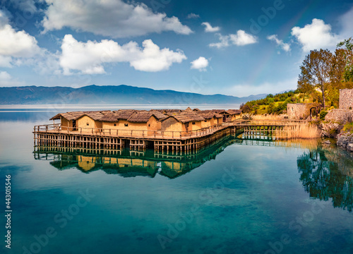 Impressive morning scene of popular tourist destination - Bay of Bones. Picturesque spring view of Ohrid lake. Amazing landscape of North Macedonia, Europe. Traveling concept background.