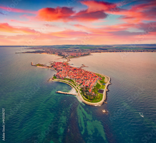 Beautiful summer scenery. View from flying drone of old town of Nessebar. Astonishing seascape of Black sea. Aerial outdoor scene of Bulgaria, Europe. Traveling concept background. photo