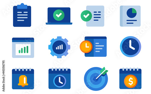 icon set collection of productivity gear notification calendar project management alert bell clock task list target in blue color