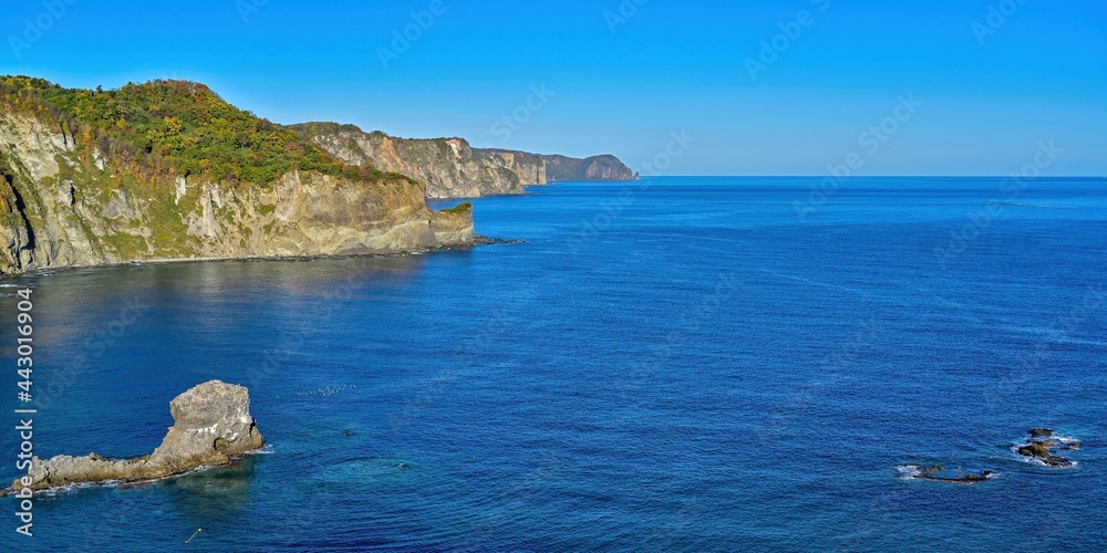 Naklejka premium 黄金岬展望台から見た積丹ブルーに染まる海と紅葉の情景＠積丹、北海道