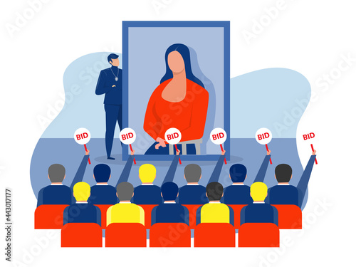Artist standing on stage in front of audience making presentation with art for bid. NFT digital art concept vector illustration