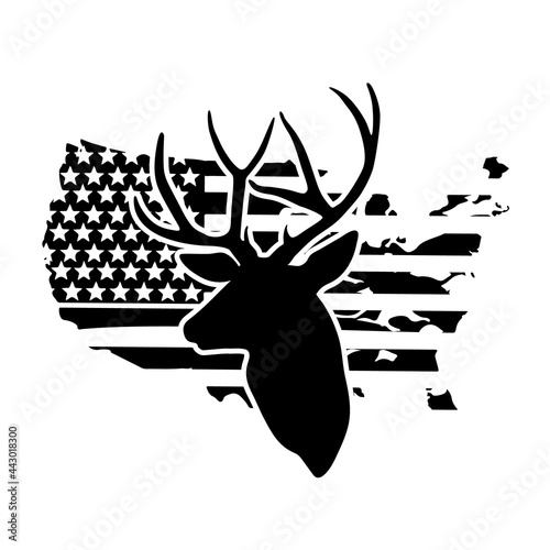 Distressed American Flag. Deer head on the grunge of flag USA. A symbol of hunting and patriotism. Vector illustration