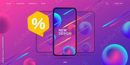 Web banner for landing page promo with smartphone gadget discounts on futuristic space background