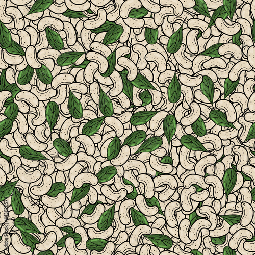 Cashew nuts seamless pattern with leaves. Keto diet, vegetarian, healthy food. Healthy fats. Background for labels, packaging, snacks, wallpaper. Vector doodle, sketch illustration. Freehand drawing
