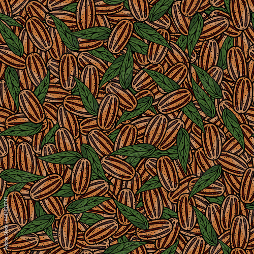 Pecan nuts seamless pattern. The keto diet. Vegetarian food. Healthy fats. Vector doodle illustration by hand, sketch. Wallpaper, wrapping paper.