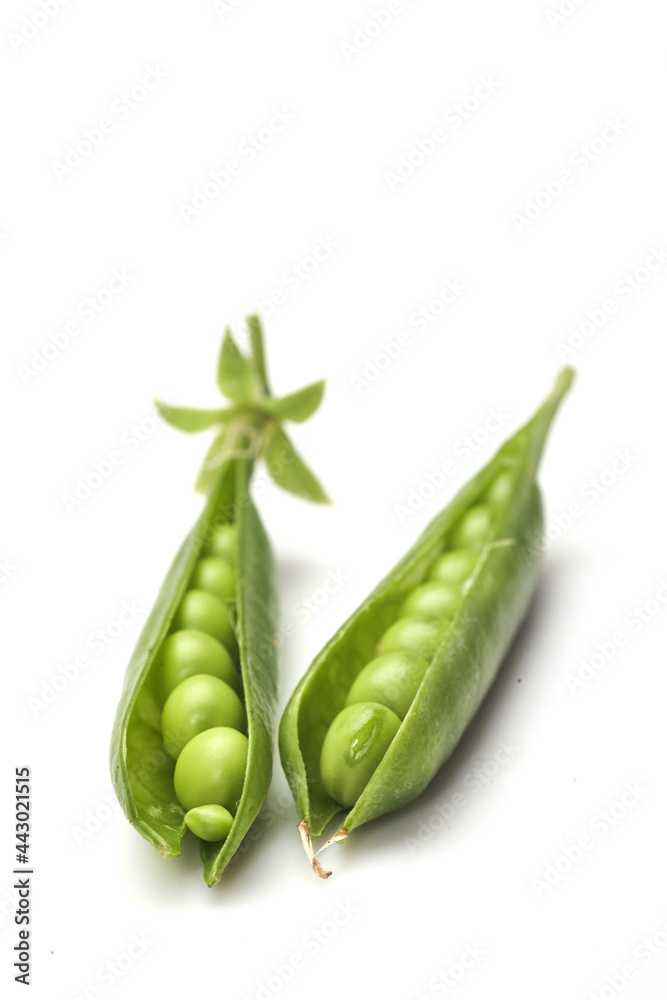 Pods of green peas with leaves isolated on white background Pods of green peas with leaves isolated on white background