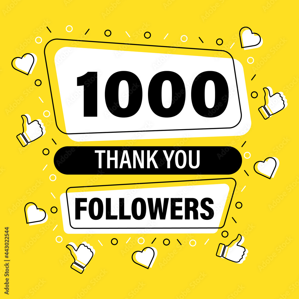 Banner, poster, icon Thank you for 1000 followers in Memphis style with heart and thumb up icons - obrazy, fototapety, plakaty 