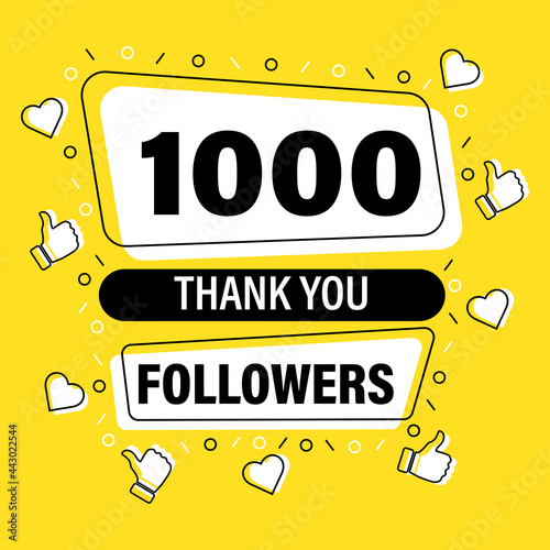 Banner, poster, icon Thank you for 1000 followers in Memphis style with heart and thumb up icons photo