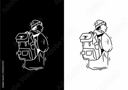 Black and white illustration drawing of man with backpack