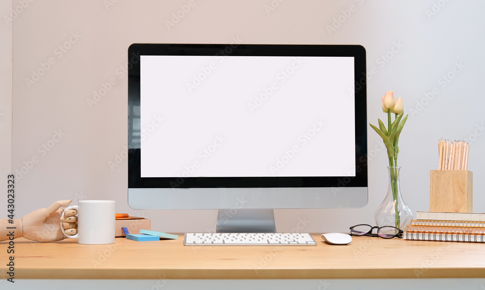 Workspace desk and laptop. copy space and blank screen. Business image, Blank screen laptop and supplies. Workspace desk and laptop. copy space and blank screen. Business image, Blank screen laptop and supplies.