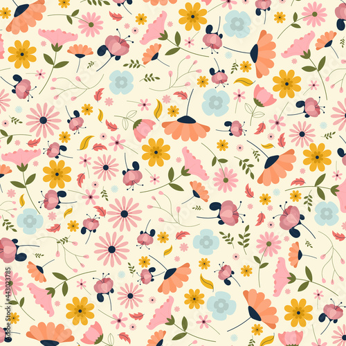 Abstract flat hand draw floral pattern background. Vector. © Threecorint