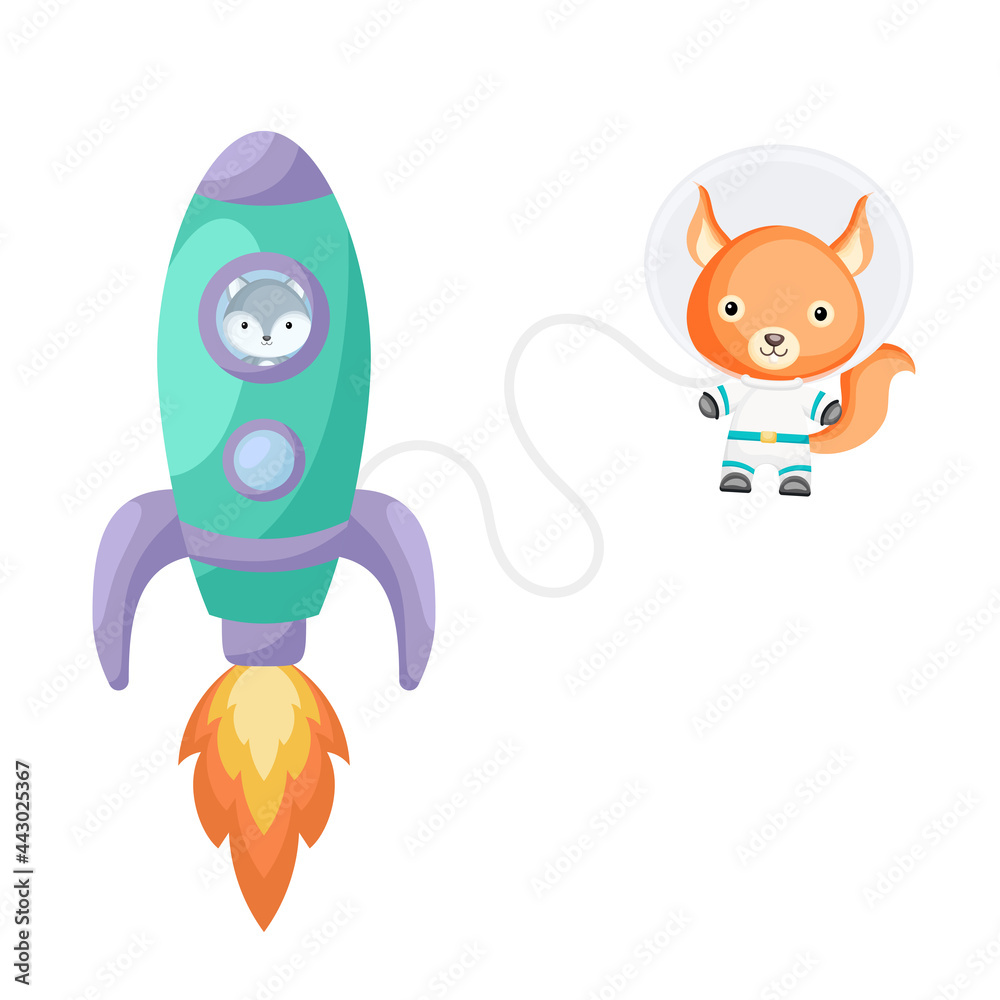 Cute little wolf flying in turquoise rocket. Cartoon squirrel character in space costume with rocket on white background. Design for baby shower, invitation card, wall decor. Vector illustration