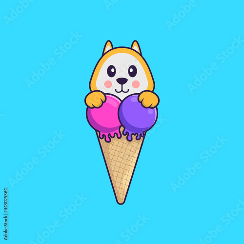 Cute dog with sweet ice cream. Animal cartoon concept isolated. Can used for t-shirt  greeting card  invitation card or mascot. Flat Cartoon Style