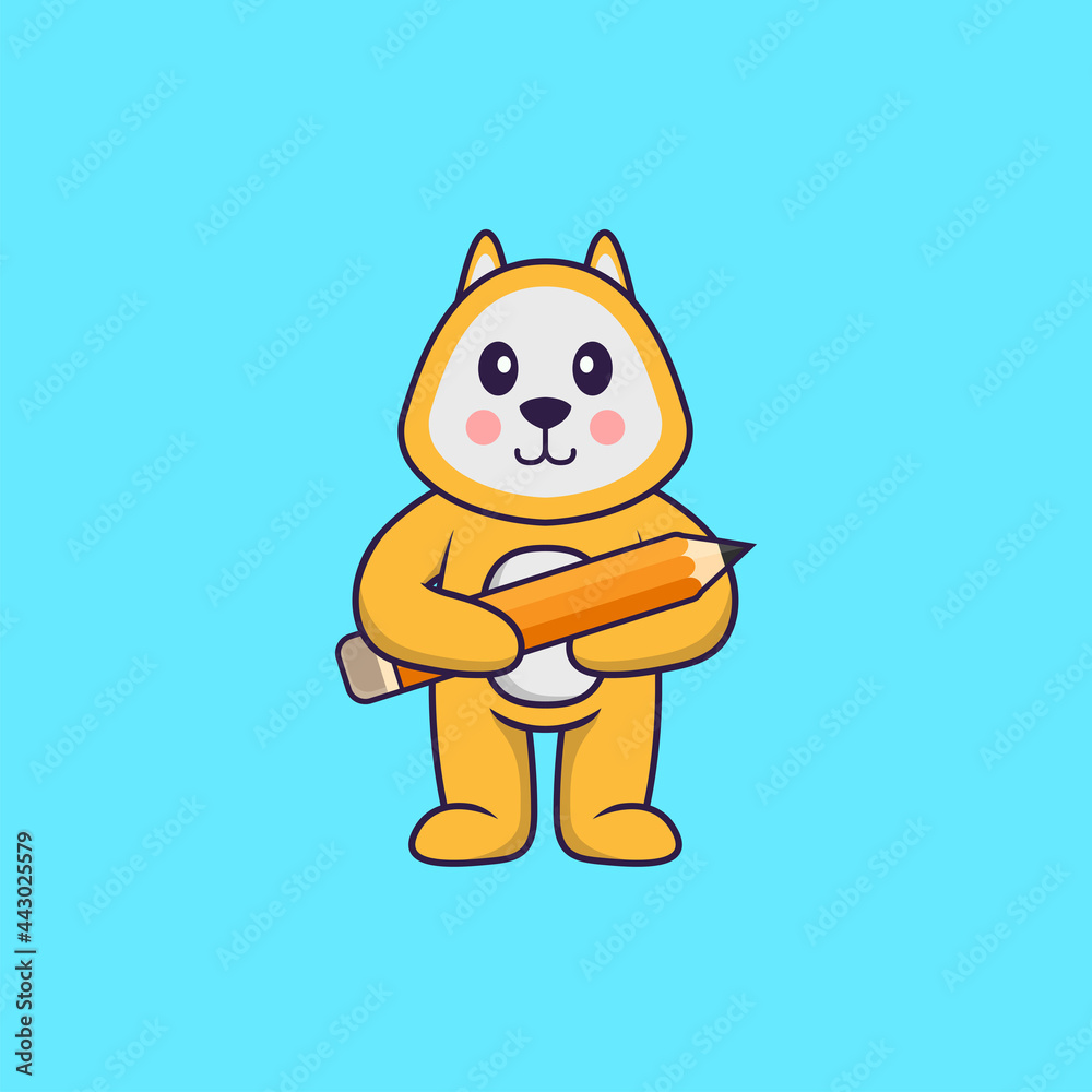 Cute dog holding a pencil. Animal cartoon concept isolated. Can used for t-shirt, greeting card, invitation card or mascot. Flat Cartoon Style