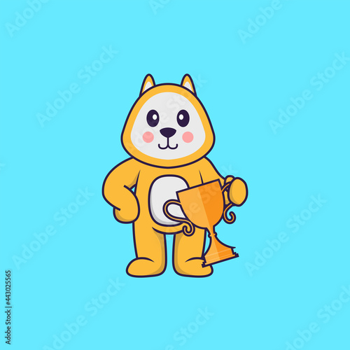 Cute dog holding gold trophy. Animal cartoon concept isolated. Can used for t-shirt  greeting card  invitation card or mascot. Flat Cartoon Style