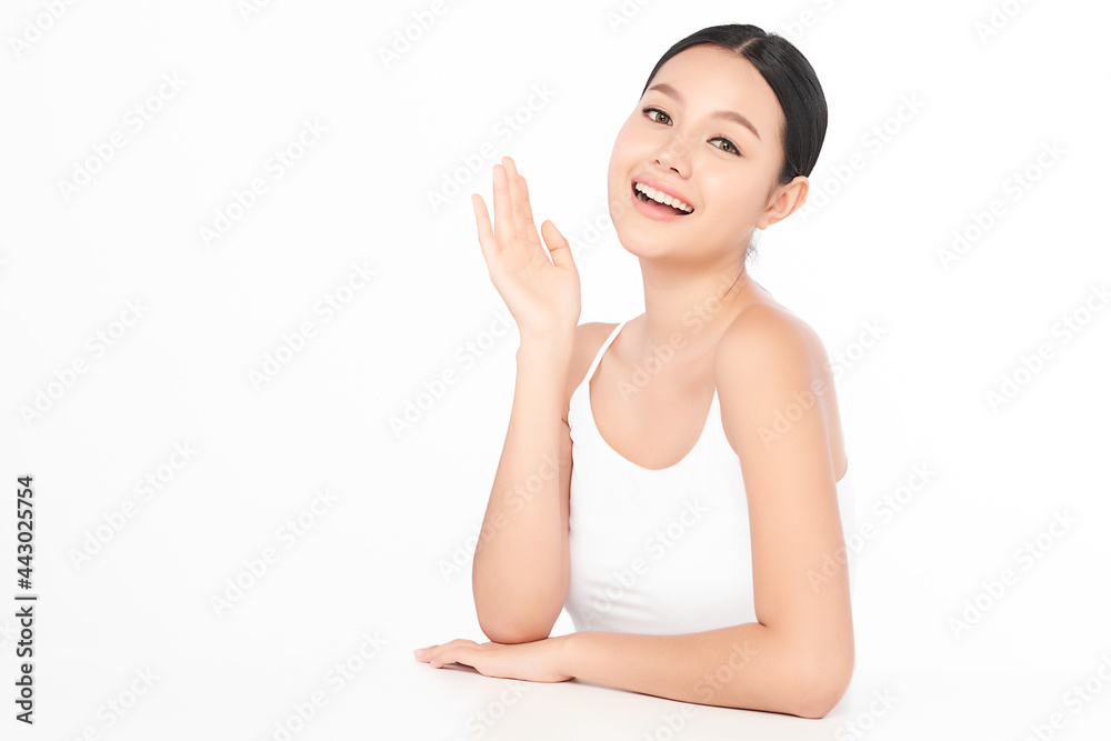 Beautiful young asian woman with clean fresh skin on white background, Face care, Facial treatment, Cosmetology, beauty and spa, Asian women portrait.