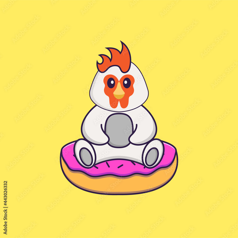Cute chicken is sitting on donuts. Animal cartoon concept isolated. Can used for t-shirt, greeting card, invitation card or mascot. Flat Cartoon Style Cute chicken is sitting on donuts. Animal cartoon concept isolated. Can used for t-shirt, greeting card, invitation card or mascot. Flat Cartoon Style