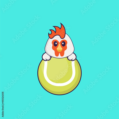 Cute chicken playing tennis. Animal cartoon concept isolated. Can used for t-shirt, greeting card, invitation card or mascot. Flat Cartoon Style