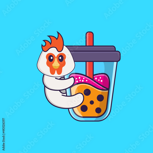 Cute chicken Drinking Boba milk tea. Animal cartoon concept isolated. Can used for t-shirt, greeting card, invitation card or mascot. Flat Cartoon Style