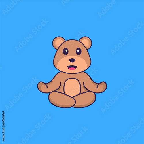 Cute bear is meditating or doing yoga. Animal cartoon concept isolated. Can used for t-shirt, greeting card, invitation card or mascot. Flat Cartoon Style