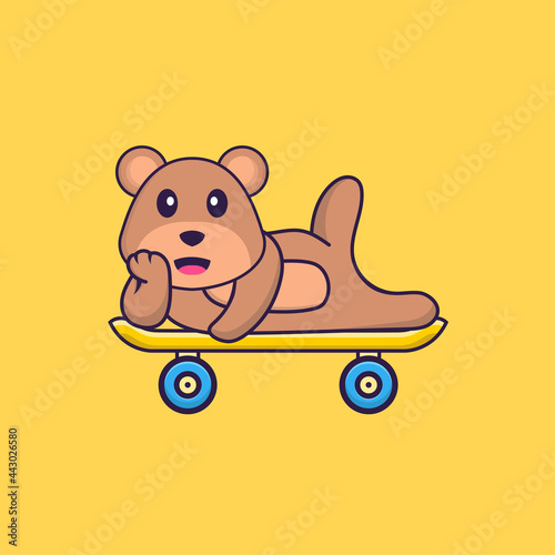 Cute bear lying on a skateboard. Animal cartoon concept isolated. Can used for t-shirt, greeting card, invitation card or mascot. Flat Cartoon Style