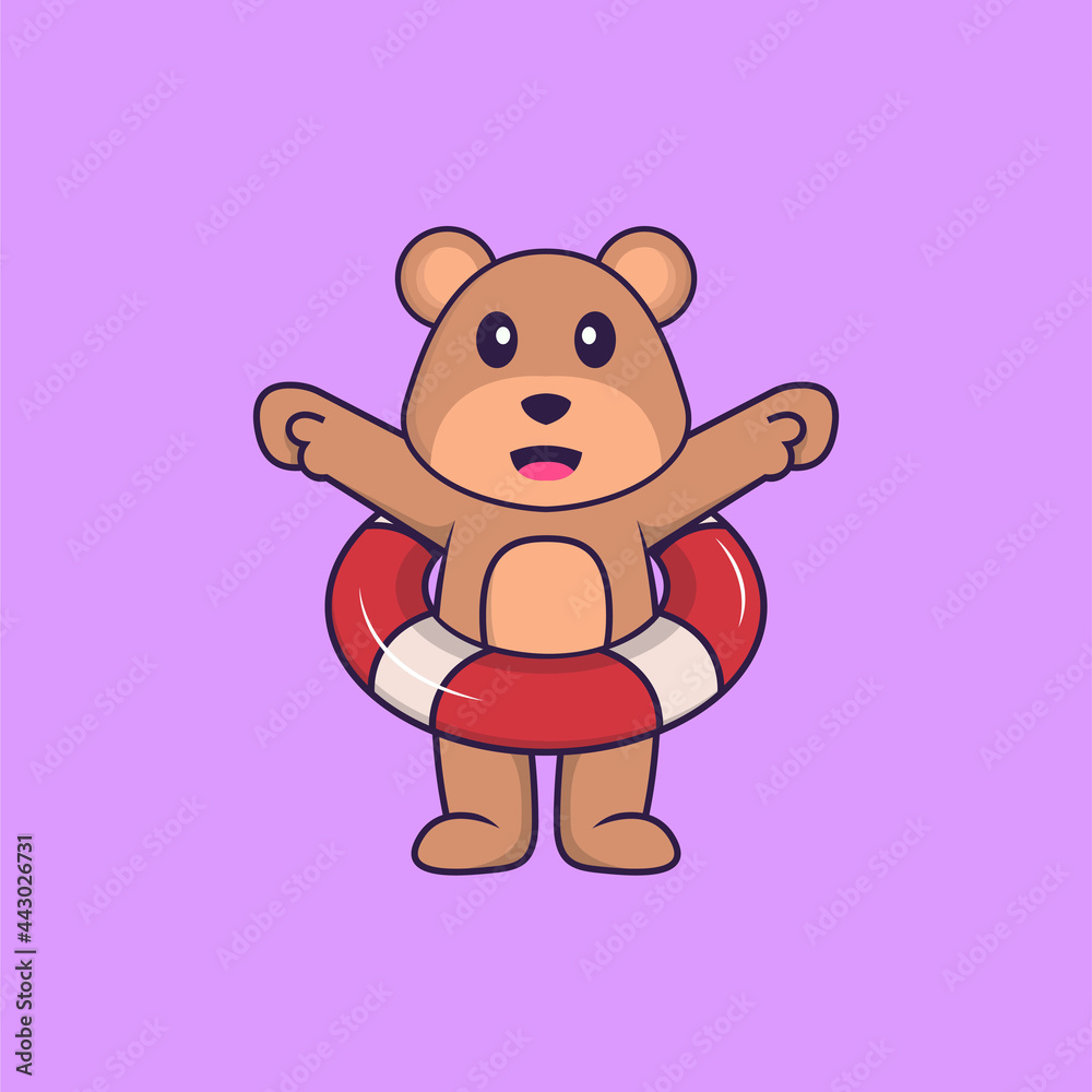 Obraz premium Cute bear using a float. Animal cartoon concept isolated. Can used for t-shirt, greeting card, invitation card or mascot. Flat Cartoon Style