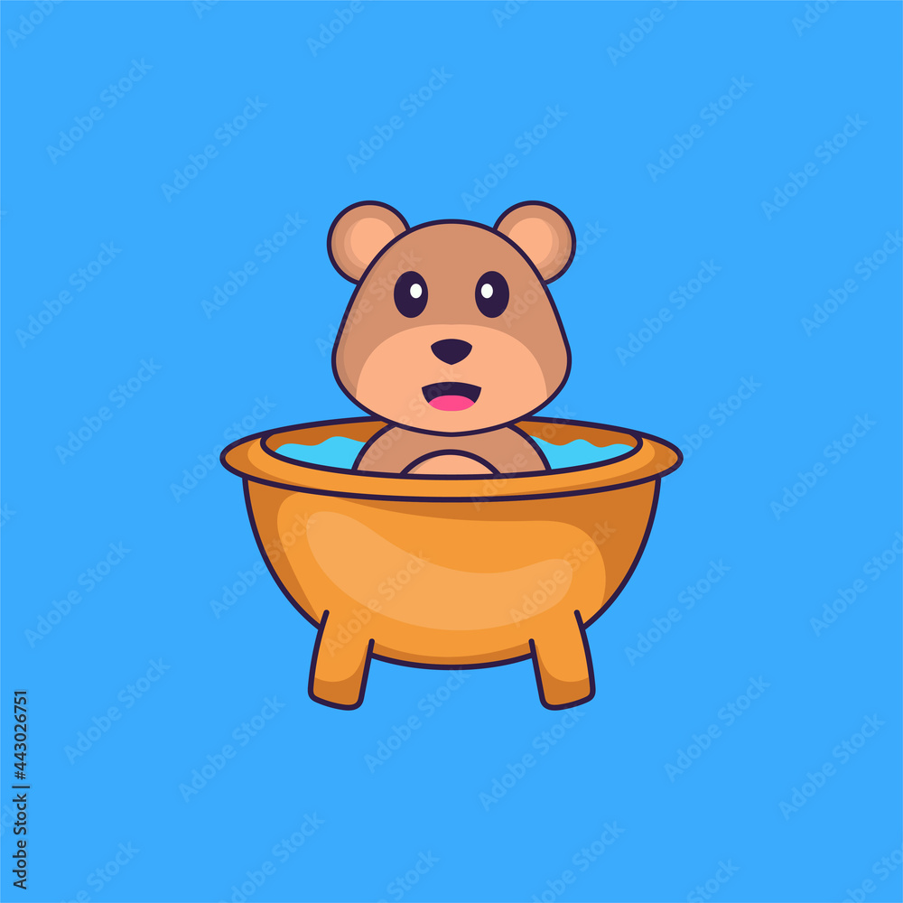 Cute bear taking a bath in the bathtub. Animal cartoon concept isolated. Can used for t-shirt, greeting card, invitation card or mascot. Flat Cartoon Style Cute bear taking a bath in the bathtub. Animal cartoon concept isolated. Can used for t-shirt, greeting card, invitation card or mascot. Flat Cartoon Style