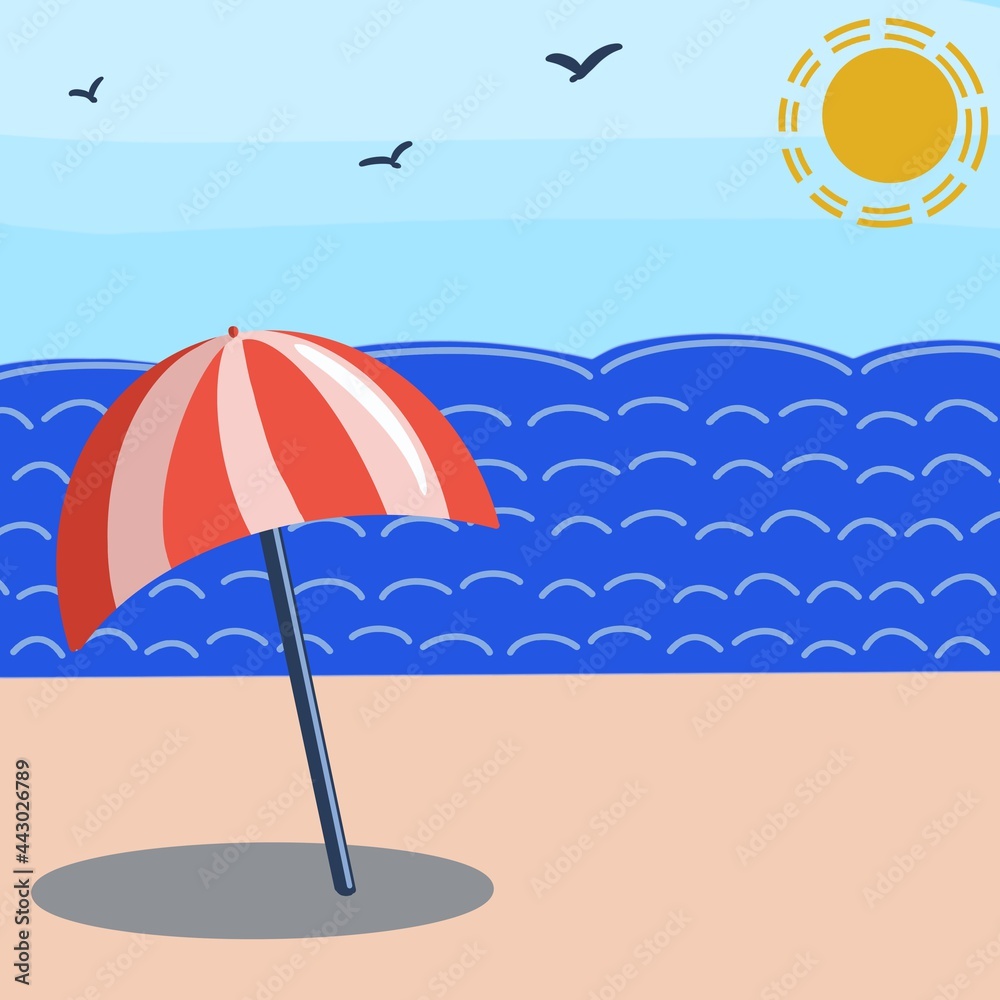 Illustration of a red and white beach umbrella standing on the beach, on the seashore, against the blue sky and the sun. Perfect for postcards, posters, cards, invitations, stickers, flyers, brochures