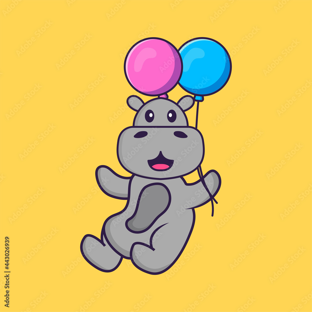 Cute hippopotamus flying with two balloons. Animal cartoon concept isolated. Can used for t-shirt, greeting card, invitation card or mascot. Flat Cartoon Style Cute hippopotamus flying with two balloons. Animal cartoon concept isolated. Can used for t-shirt, greeting card, invitation card or mascot. Flat Cartoon Style