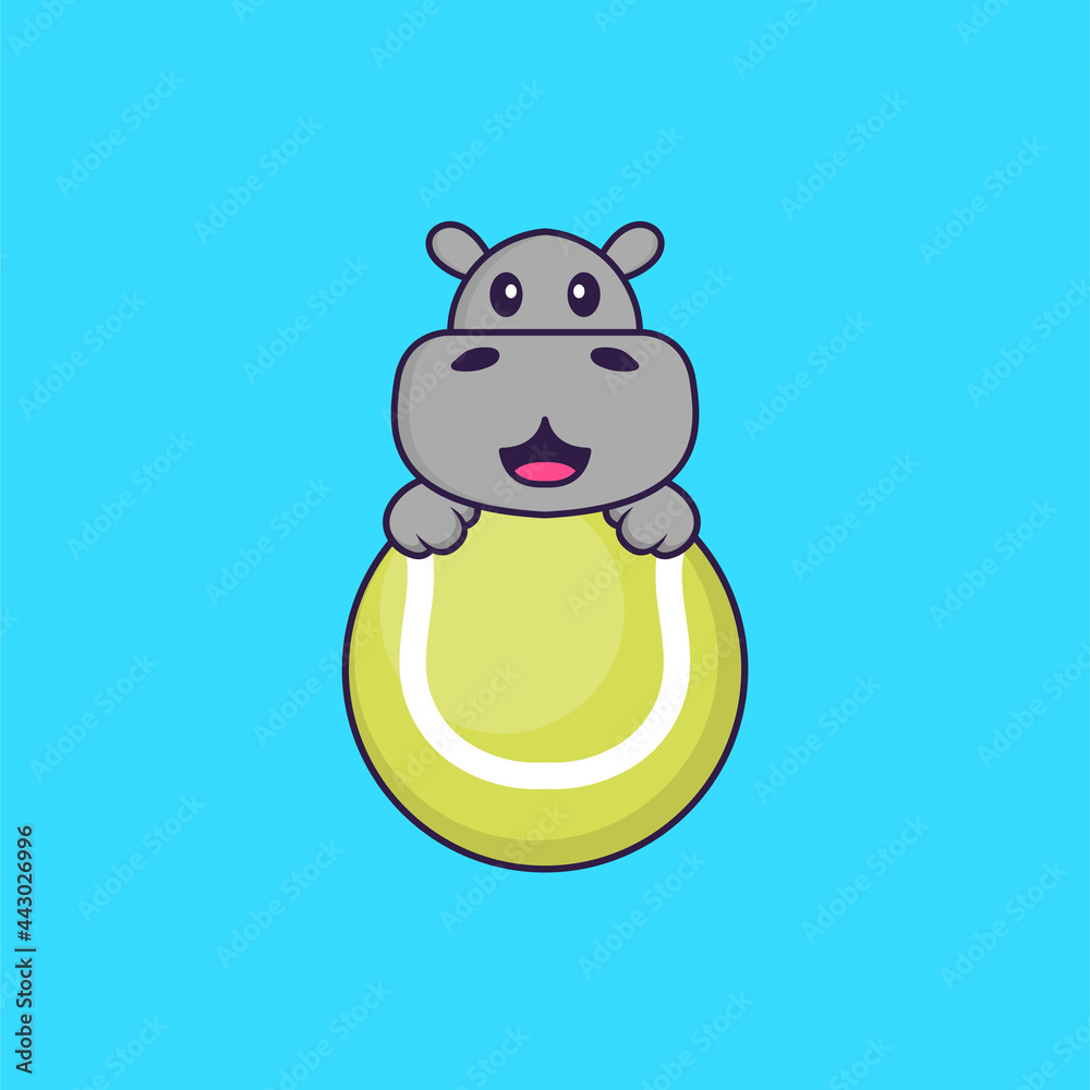 Fototapeta premium Cute hippopotamus playing tennis. Animal cartoon concept isolated. Can used for t-shirt, greeting card, invitation card or mascot. Flat Cartoon Style
