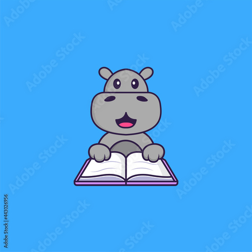 Cute hippopotamus reading a book. Animal cartoon concept isolated. Can used for t-shirt, greeting card, invitation card or mascot. Flat Cartoon Style