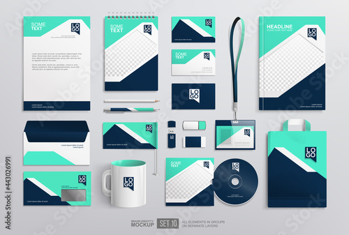 Stationery office items Mockup set with corporate brand identity design. Blue and white abstract graphics. Business stationery mockup. Office equipment set of paper bag, white mug, notepad, envelope