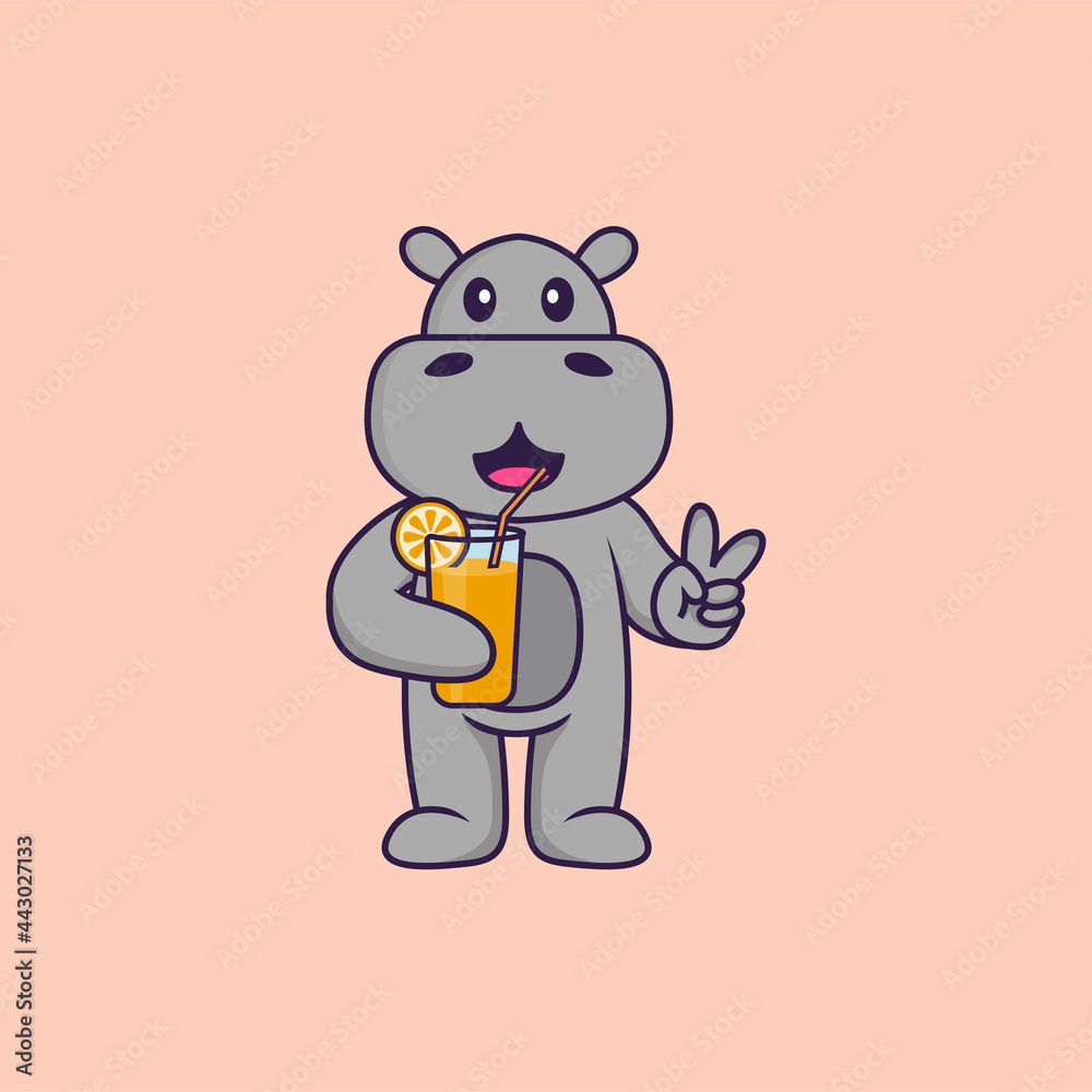 Fototapeta premium Cute hippopotamus holding orange juice in glass. Animal cartoon concept isolated. Can used for t-shirt, greeting card, invitation card or mascot. Flat Cartoon Style
