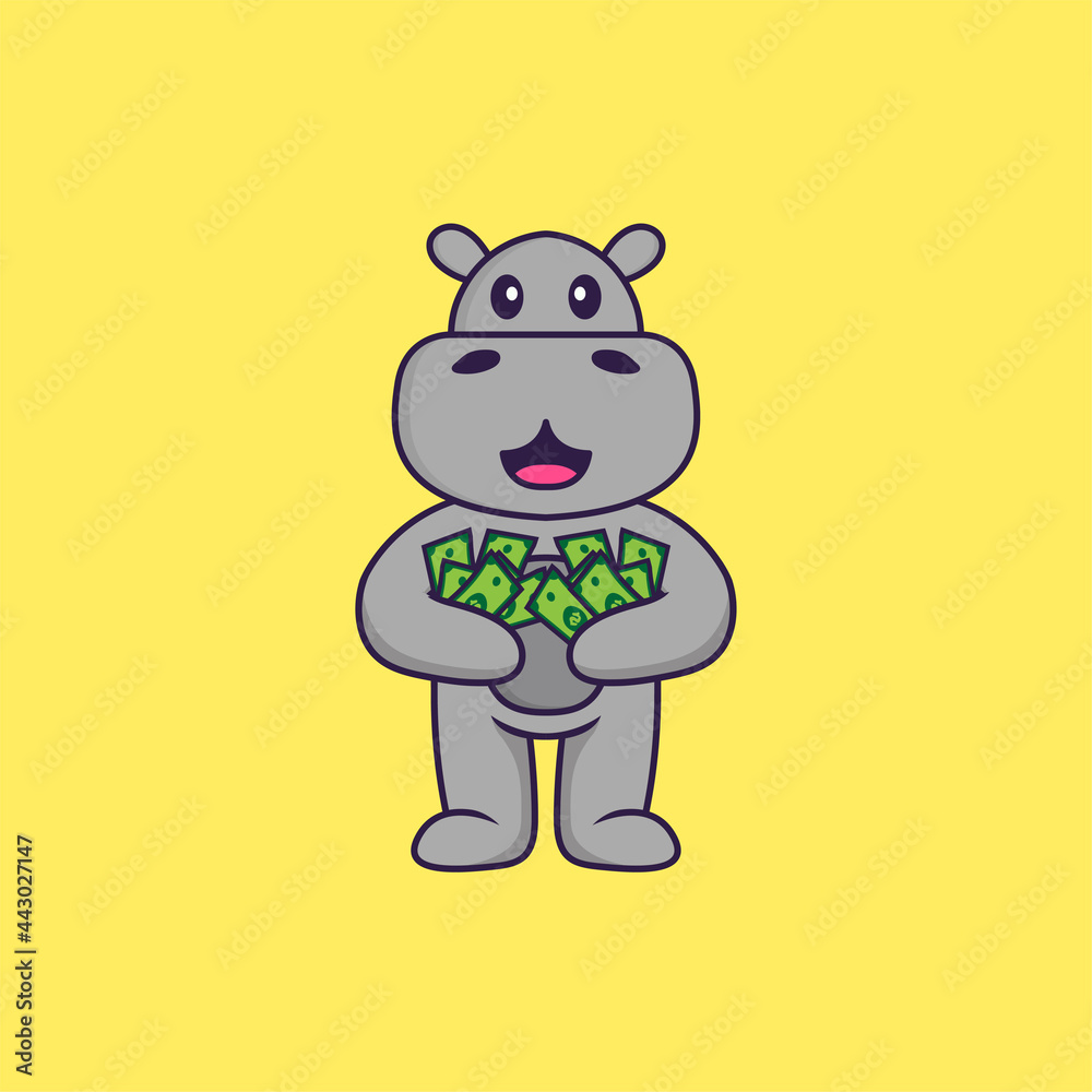 Cute hippopotamus holding money. Animal cartoon concept isolated. Can used for t-shirt, greeting card, invitation card or mascot. Flat Cartoon Style Cute hippopotamus holding money. Animal cartoon concept isolated. Can used for t-shirt, greeting card, invitation card or mascot. Flat Cartoon Style