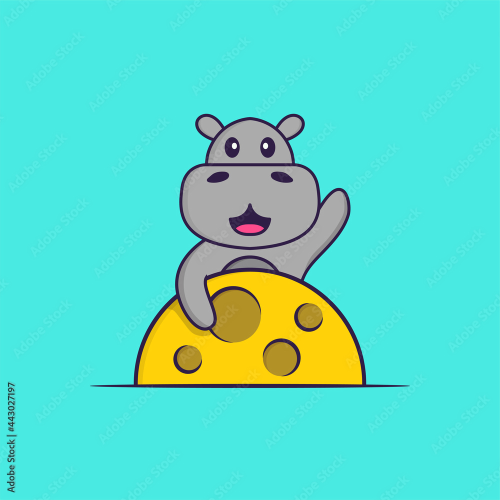 Cute hippopotamus is on the moon. Animal cartoon concept isolated. Can used for t-shirt, greeting card, invitation card or mascot. Flat Cartoon Style Cute hippopotamus is on the moon. Animal cartoon concept isolated. Can used for t-shirt, greeting card, invitation card or mascot. Flat Cartoon Style