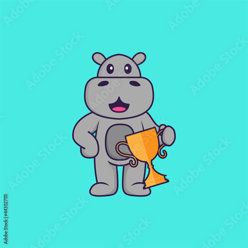 Cute hippopotamus holding gold trophy. Animal cartoon concept isolated. Can used for t-shirt  greeting card  invitation card or mascot. Flat Cartoon Style