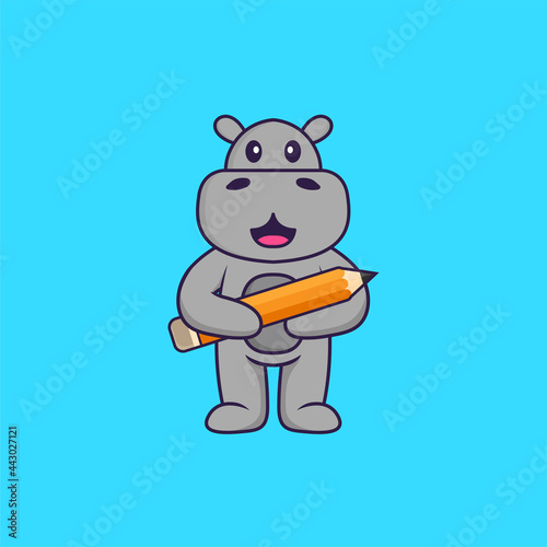 Cute hippopotamus holding a pencil. Animal cartoon concept isolated. Can used for t-shirt  greeting card  invitation card or mascot. Flat Cartoon Style