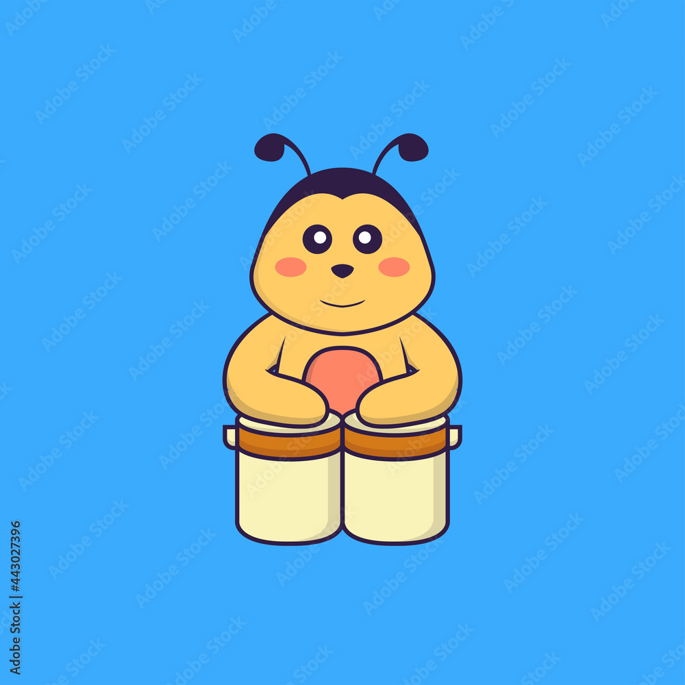 Obraz premium Cute bee is playing drums. Animal cartoon concept isolated. Can used for t-shirt, greeting card, invitation card or mascot. Flat Cartoon Style