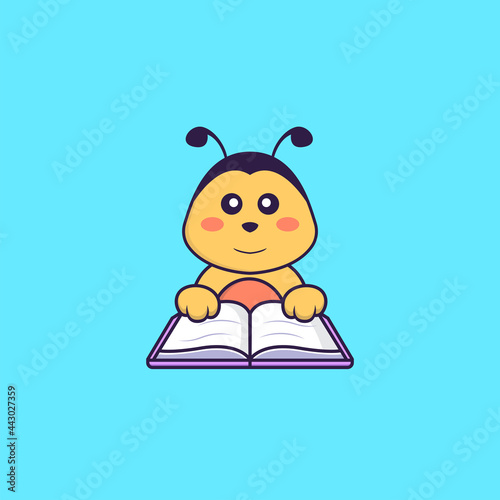 Cute bee reading a book. Animal cartoon concept isolated. Can used for t-shirt, greeting card, invitation card or mascot. Flat Cartoon Style