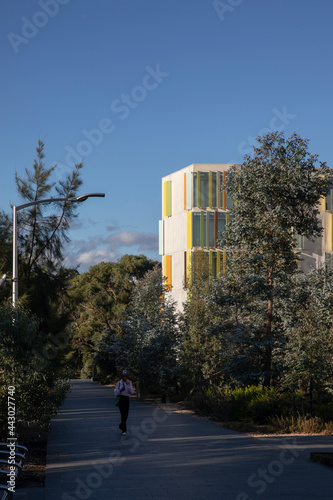 Monash university campus student apartment living beside garden thoroughfare.
