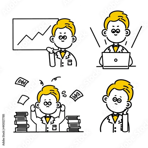 会社で奮闘する若手ビジネスマン男性アイコンセット　 young male worker icon set