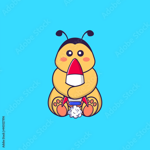 Cute bee holding a rocket. Animal cartoon concept isolated. Can used for t-shirt  greeting card  invitation card or mascot. Flat Cartoon Style