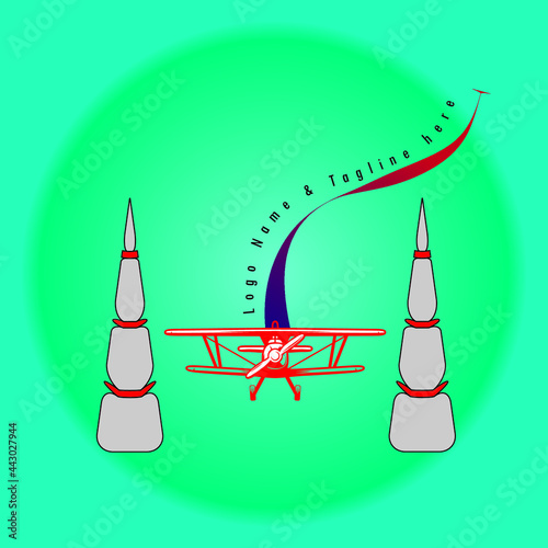 Aviation logo of an old Biplane aircraft passing in between two obstacles by twisting and turning. Air race icon idea with the flight path and curved text. air show event banner and poster design.
