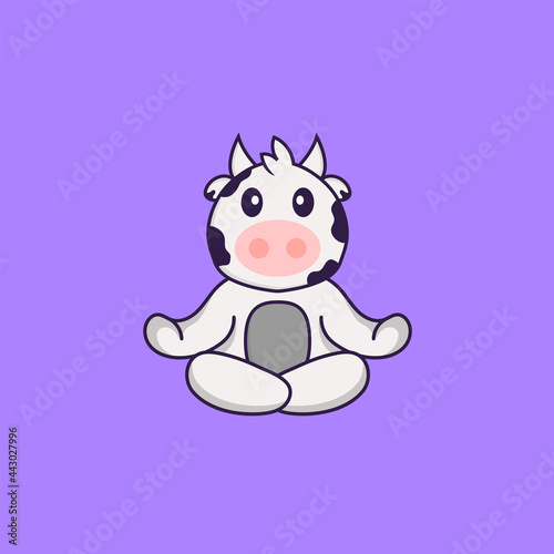 Cute cow is meditating or doing yoga. Animal cartoon concept isolated. Can used for t-shirt  greeting card  invitation card or mascot. Flat Cartoon Style