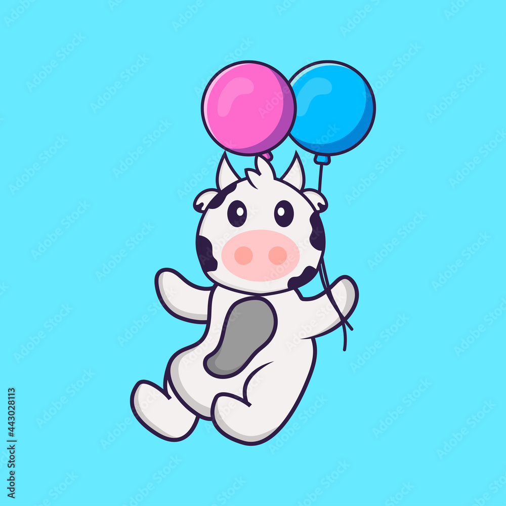 Cute cow flying with two balloons. Animal cartoon concept isolated. Can used for t-shirt, greeting card, invitation card or mascot. Flat Cartoon Style Cute cow flying with two balloons. Animal cartoon concept isolated. Can used for t-shirt, greeting card, invitation card or mascot. Flat Cartoon Style