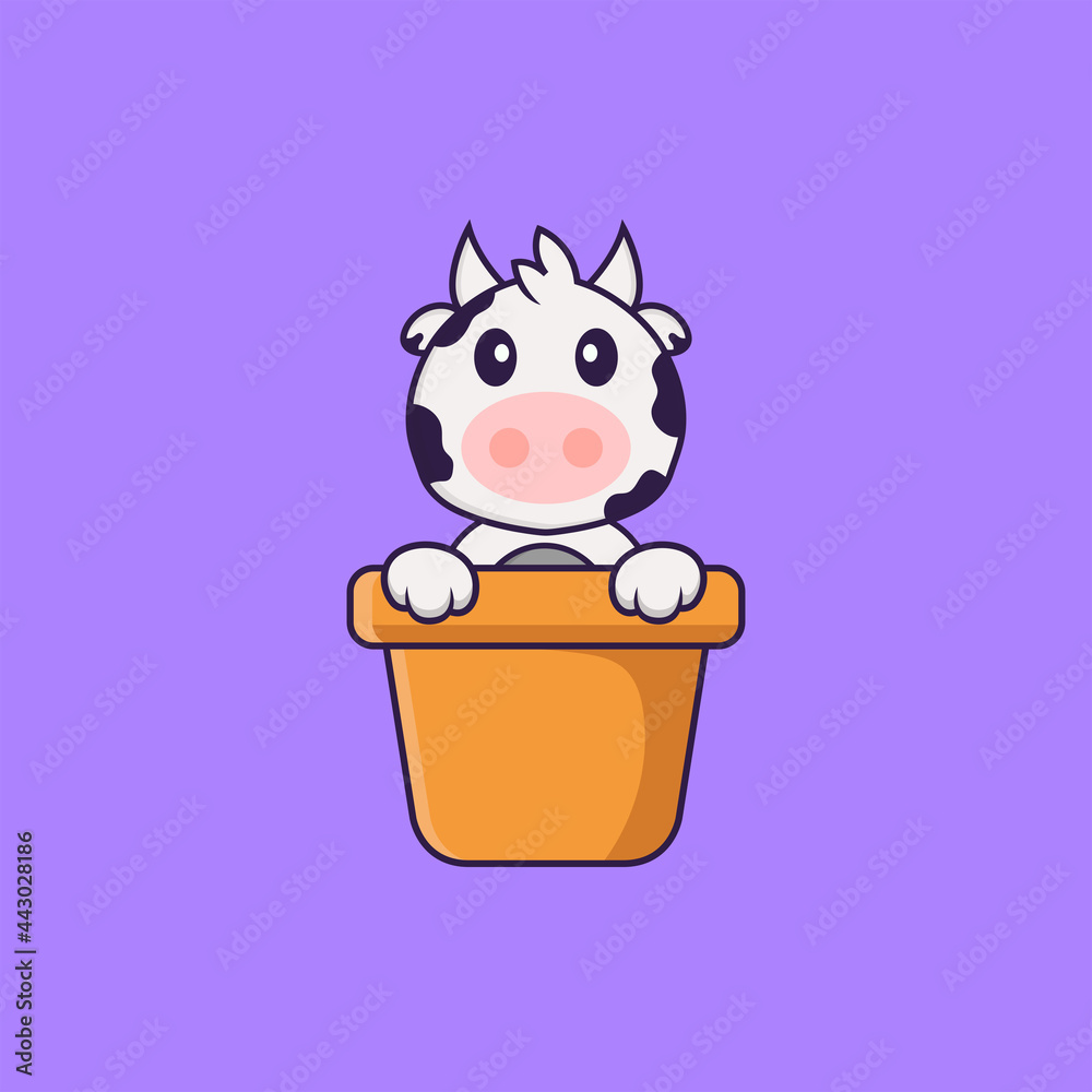 Cute cow in a flower vase. Animal cartoon concept isolated. Can used for t-shirt, greeting card, invitation card or mascot. Flat Cartoon Style Cute cow in a flower vase. Animal cartoon concept isolated. Can used for t-shirt, greeting card, invitation card or mascot. Flat Cartoon Style