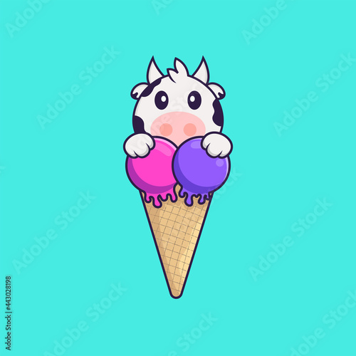 Cute cow with sweet ice cream. Animal cartoon concept isolated. Can used for t-shirt, greeting card, invitation card or mascot. Flat Cartoon Style