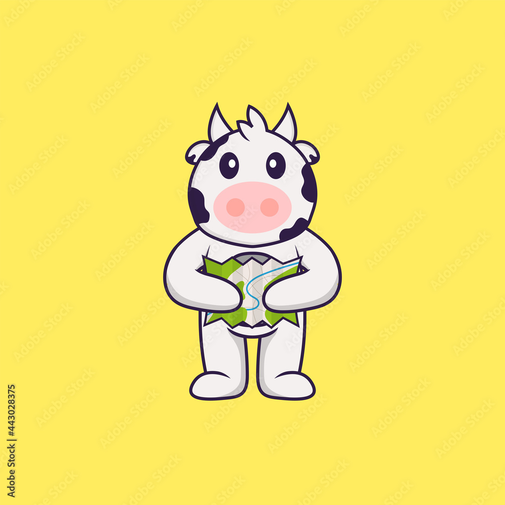 Cute cow holding a map. Animal cartoon concept isolated. Can used for t-shirt, greeting card, invitation card or mascot. Flat Cartoon Style Cute cow holding a map. Animal cartoon concept isolated. Can used for t-shirt, greeting card, invitation card or mascot. Flat Cartoon Style