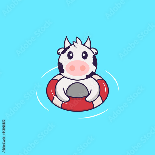 Cute cow is Swimming with a buoy. Animal cartoon concept isolated. Can used for t-shirt  greeting card  invitation card or mascot. Flat Cartoon Style